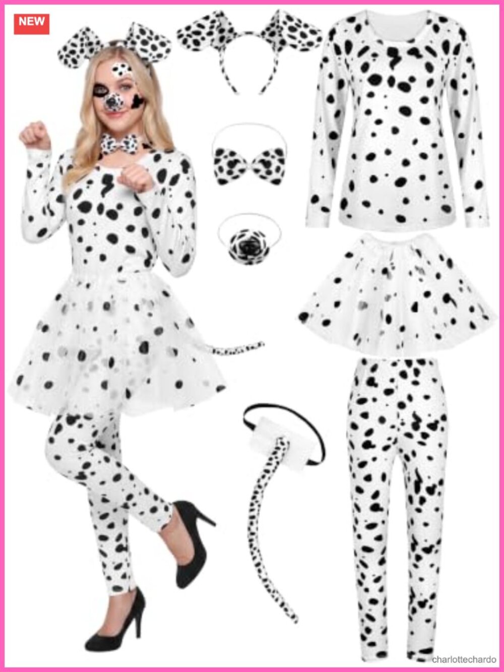 Dalmatian Dog Costume Set 8 Piece Women Halloween Cosplay Tutu Tail Ears